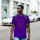Man wearing purple affirmation t-shirt with quote print walking outdoors, Le Van Kamp Studio Gildan 64000