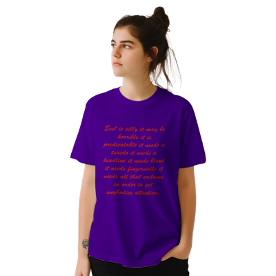 Young woman wearing purple affirmation crewneck t-shirt with script print, Le Van Kamp Studio