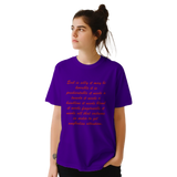 Young woman wearing purple affirmation crewneck t-shirt with script print, Le Van Kamp Studio