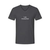 I Am Revolution — unisex dark grey V-neck short sleeve tee by m.v.k | Le Van Kamp Studio