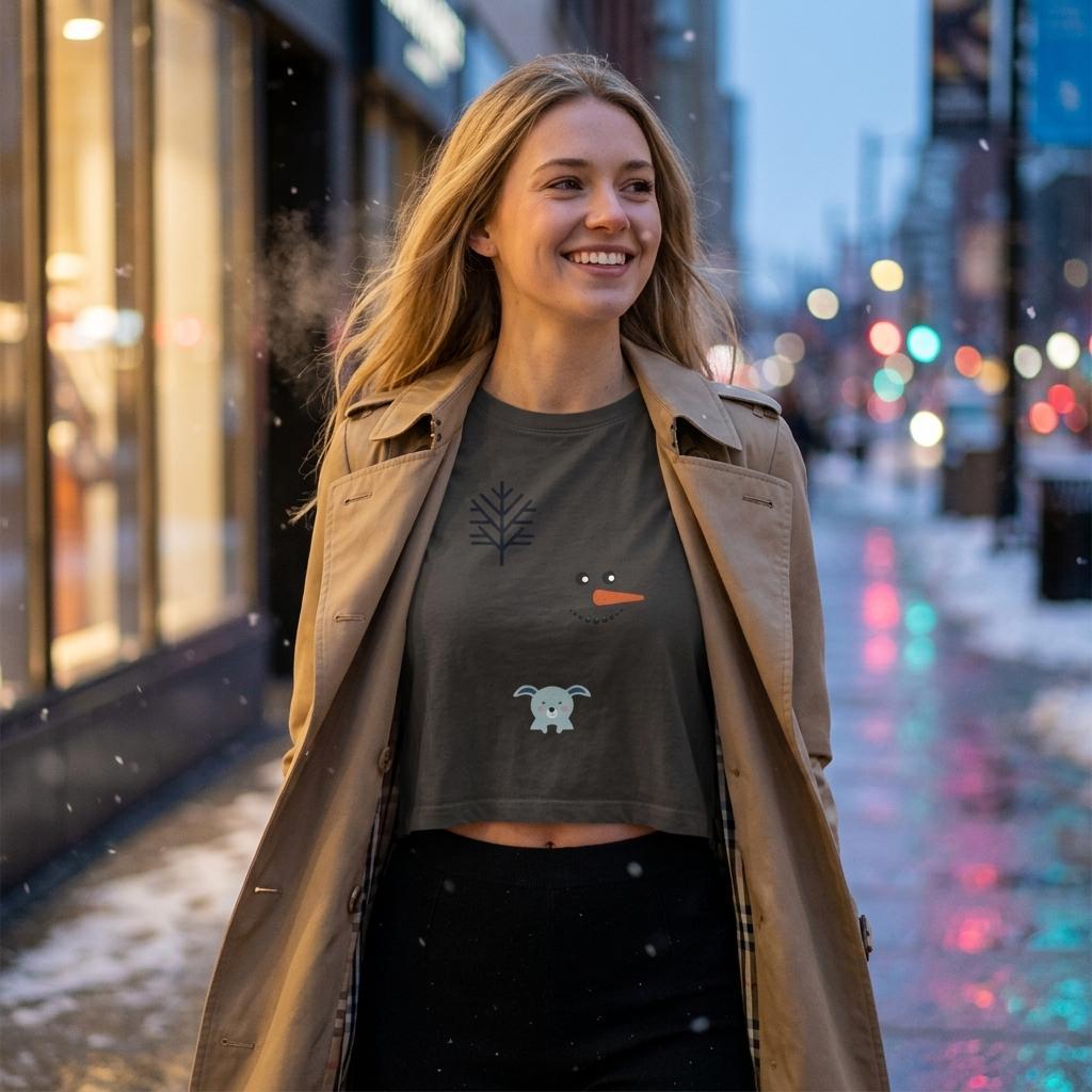 “Woman wearing the Pepper cropped T-shirt with tree, snowman face and teddy bear design under a tan coat.”