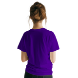 Back view of purple crewneck t-shirt worn by woman, Le Van Kamp Studio Gildan 64000