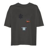 “Pepper cropped T-shirt with barren tree, snowman face and teddy bear design.”