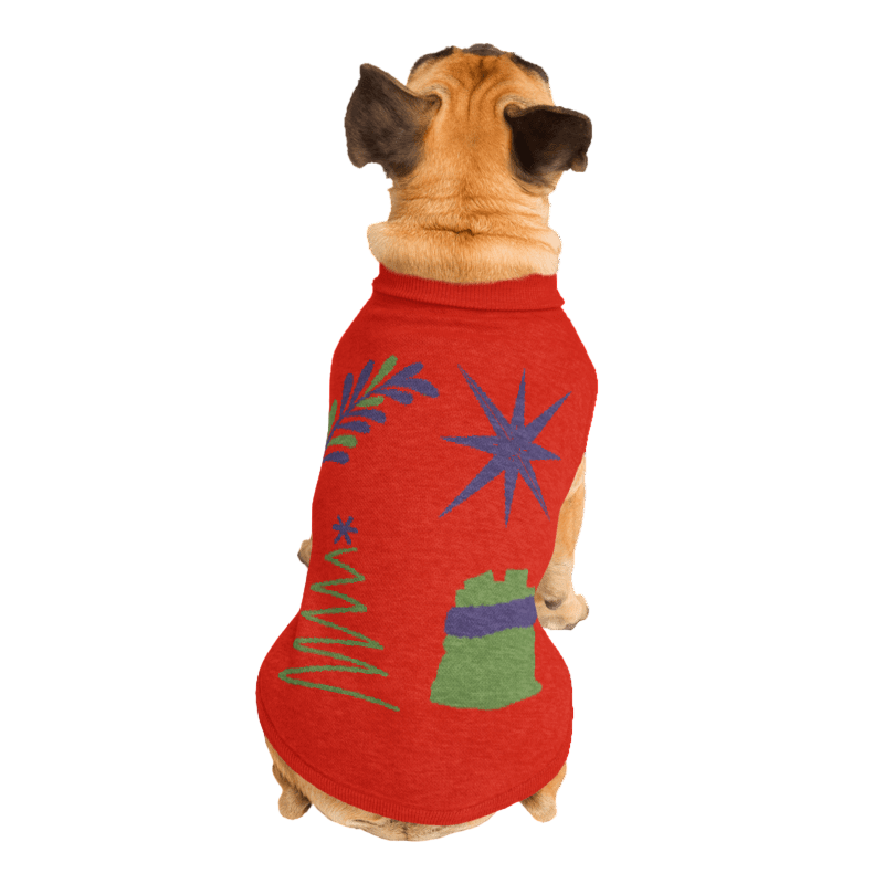 Pug wearing a red sweater with colorful designs on a white background