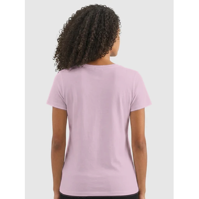 Back view of women's candy pink short sleeve V-neck affirmation T-shirt, Behave Beautifully series by Le Van Kamp Studio