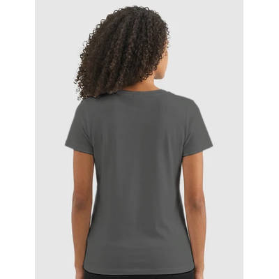 Back view of women's grey melange short sleeve V-neck affirmation T-shirt, Behave Beautifully series by Le Van Kamp Studio
