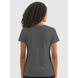 Back view of women's grey melange short sleeve V-neck affirmation T-shirt, Behave Beautifully series by Le Van Kamp Studio