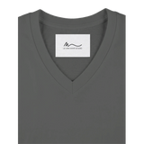 Detail view of women's grey melange short sleeve V-neck affirmation T-shirt, Behave Beautifully series by Le Van Kamp Studio