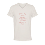 Front view of women's off white short sleeve V-neck affirmation T-shirt, Behave Beautifully series by Le Van Kamp Studio