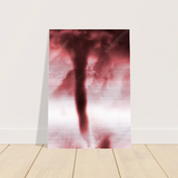 Pink tornado swirling through a rose-tinted sky, printed on brushed aluminum, leaning against a white wall on a wood floor — The Pink Tornado — Here I Come by m.v.k — Le Van Kamp Studio