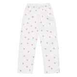White pants with pink heart patterns on a white background