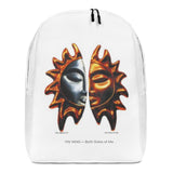 Yin Yang minimalist all-over-print backpack in white, front view — Le Van Kamp Studio