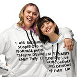 I Am Suspicious of Normal People ACTOR hoodie white front — Le Van Kamp Studio