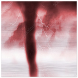 Dark tornado funnel with lightning bolts cutting through a pink and white stormy sky, printed on brushed aluminum — The Pink Tornado — Here I Come by m.v.k — Le Van Kamp Studio