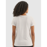 Back view of women's off white short sleeve V-neck T-shirt, Le Van Kamp Studio affirmation collection