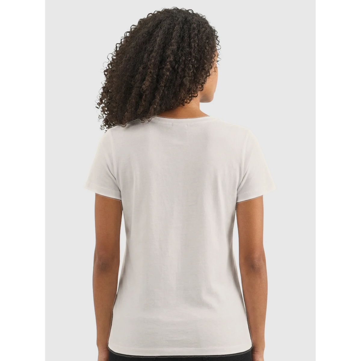 Back view of women's off white short sleeve V-neck affirmation T-shirt, Behave Beautifully series by Le Van Kamp Studio