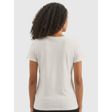 Back view of women's off white short sleeve V-neck affirmation T-shirt, Behave Beautifully series by Le Van Kamp Studio