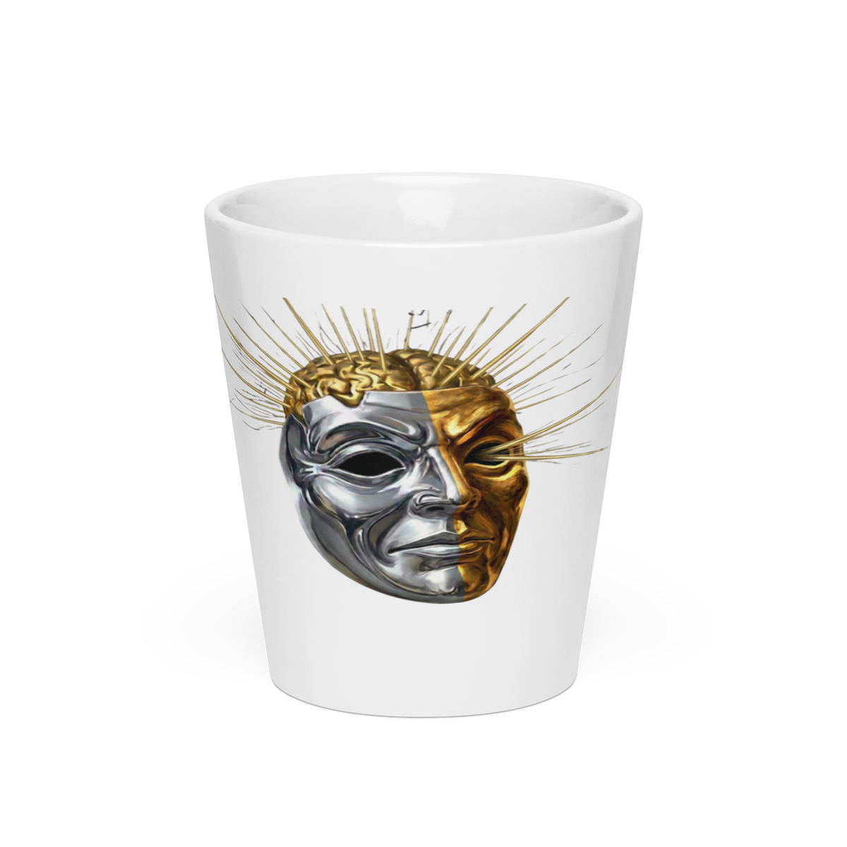 "My Brain Explodes latte mug — front view, white ceramic with gold and silver theater mask graphic and radiating spikes, 12oz"