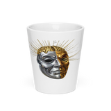 "My Brain Explodes latte mug — front view, white ceramic with gold and silver theater mask graphic and radiating spikes, 12oz"