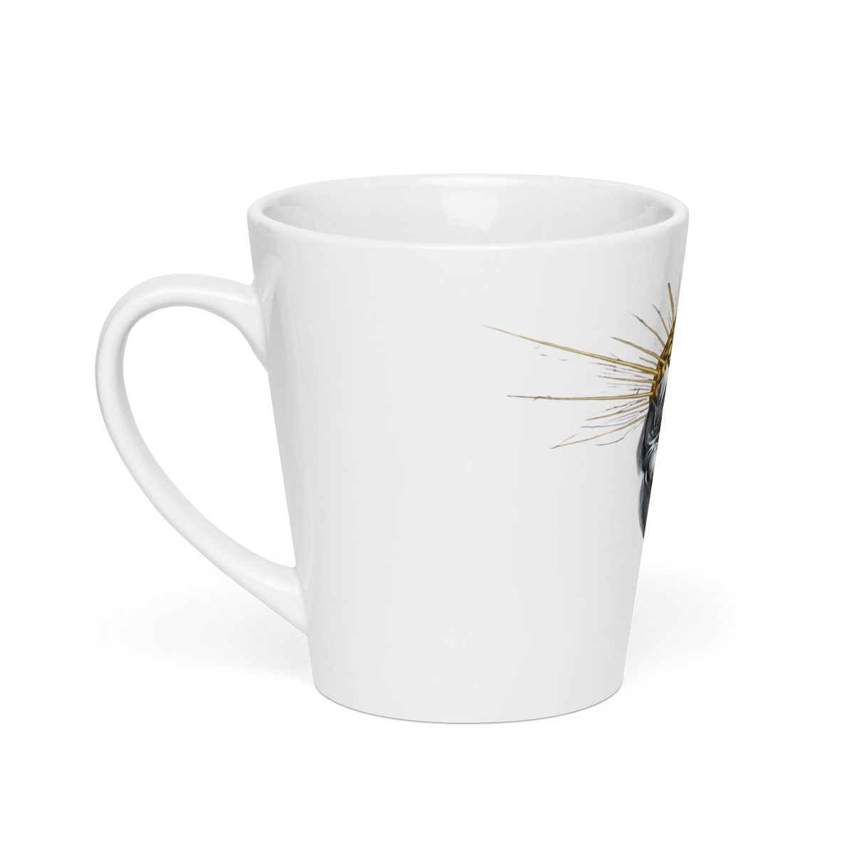"My Brain Explodes latte mug — left side view showing handle and partial graphic, white ceramic, 12oz"
