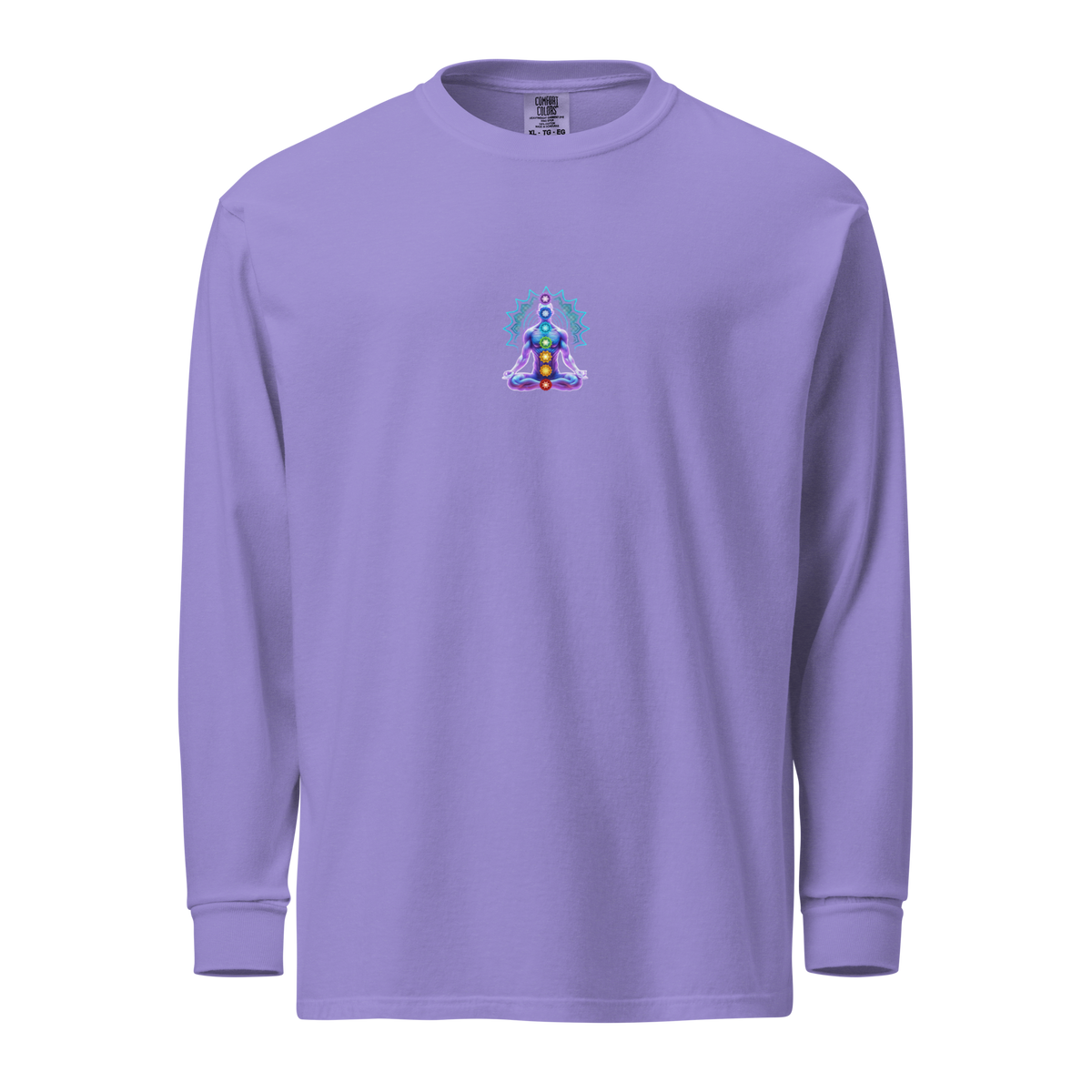 Aligned lavender long-sleeve tee — Buddha chakra print by Le Van Kamp Studio, front view