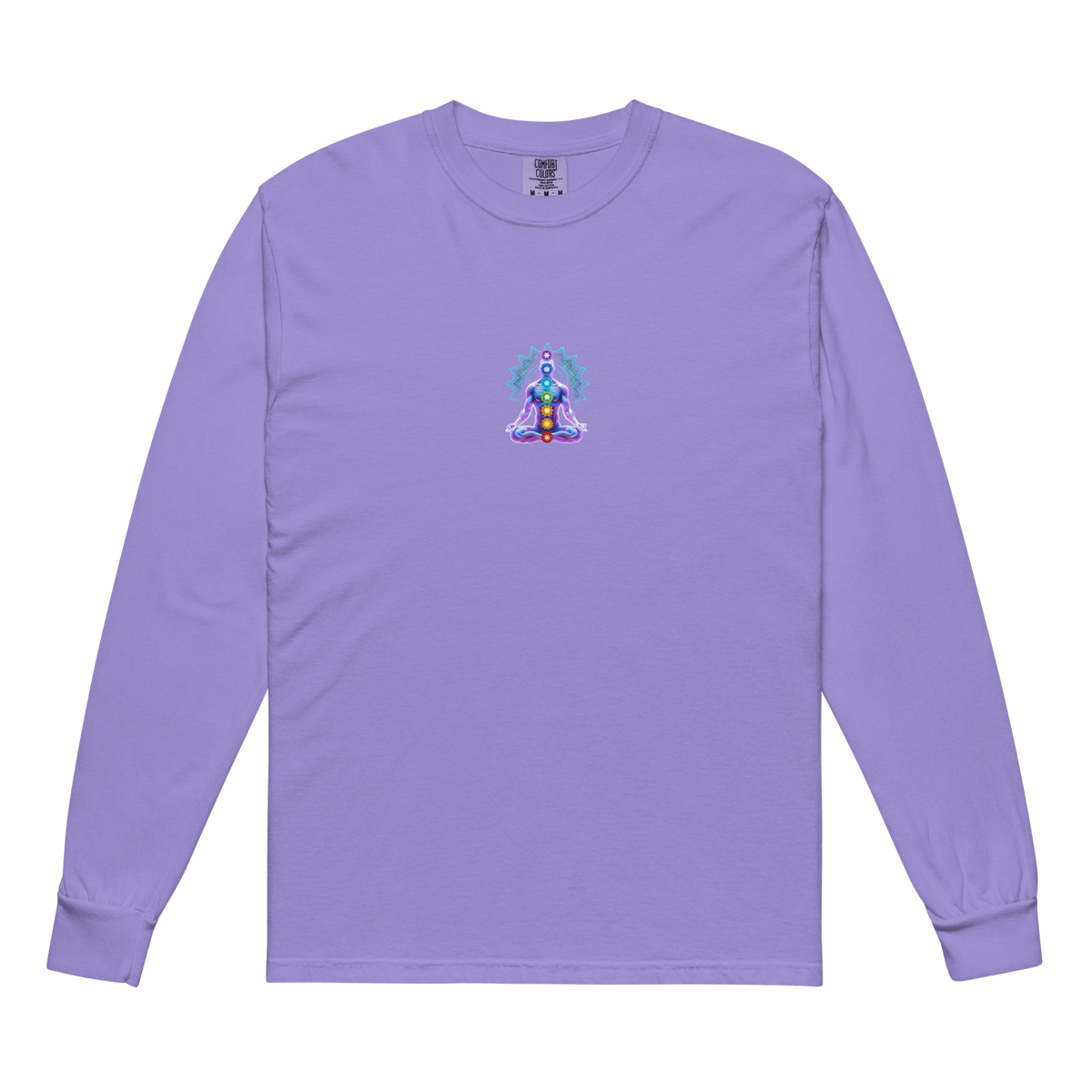 Aligned lavender long-sleeve tee — Buddha chakra print by Le Van Kamp Studio, front view- 2