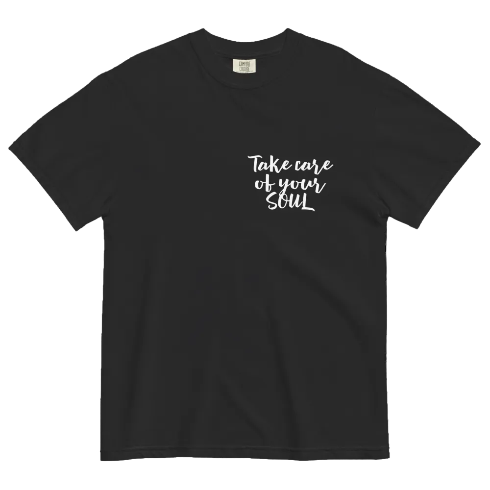 Take Care of Your Soul affirmation heavyweight tee black front — Le Van Kamp Studio