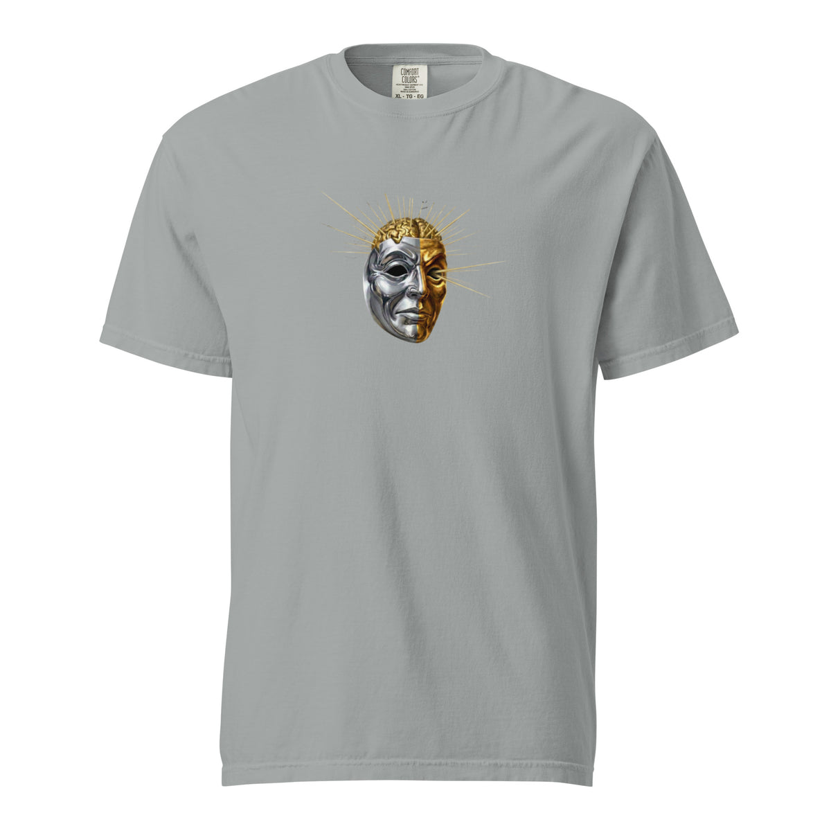 The Mask Explodes graphic tee — front view, theater mask exploding brain design, garment-dyed granite heavyweight t-shirt — Le Van Kamp Studio