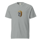 The Mask Explodes graphic tee — front view, theater mask exploding brain design, garment-dyed granite heavyweight t-shirt — Le Van Kamp Studio