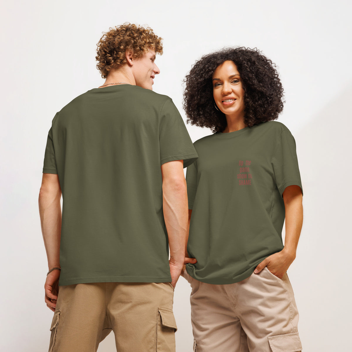 Up the Game Show No Shame organic ribbed neck t-shirt khaki front and back — Le Van Kamp Studio
