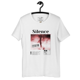 Pink Tornado Streetwear T-Shirt on hanger — "Silence Speaks Loud" graphic tee, white unisex cotton, front view — Le Van Kamp Studio