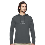 I Am Revolution — unisex charcoal eco-blend hooded long-sleeve by m.v.k | Le Van Kamp Studio
