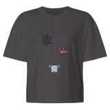  “Pepper cropped T-shirt with barren tree, snowman face and teddy bear design.”