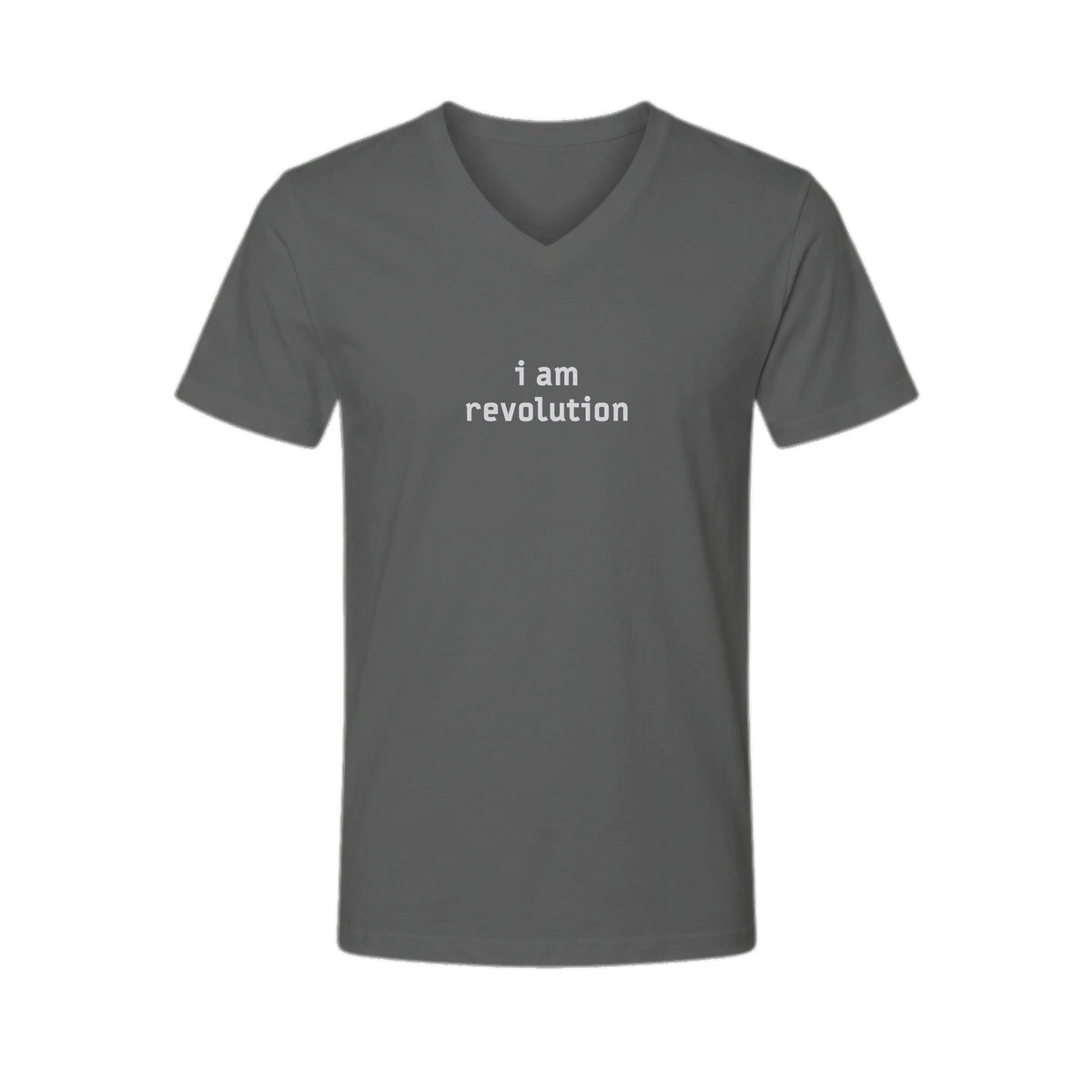 I Am Revolution — unisex grey melange V-neck short sleeve tee by m.v.k | Le Van Kamp Studio