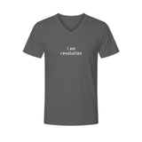 I Am Revolution — unisex grey melange V-neck short sleeve tee by m.v.k | Le Van Kamp Studio