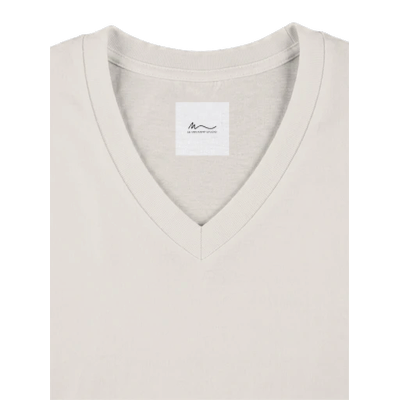 Close-up of V-neckline and M.V.K label on off white affirmation T-shirt, Le Van Kamp Studio