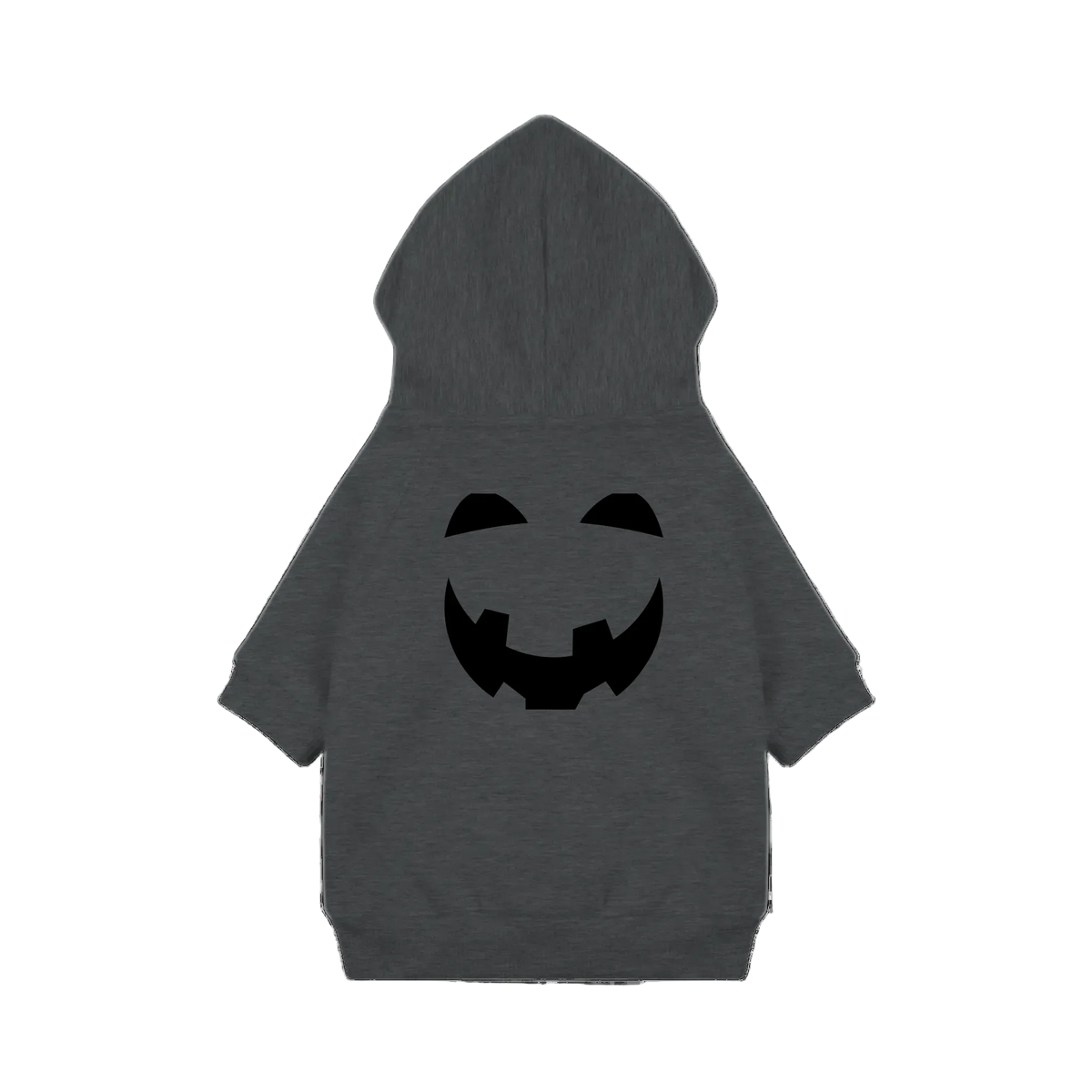 For the hoodie-only photo: “Back view of a Granite Heather dog hoodie with a black jack-o’-lantern face print.”