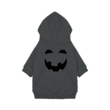 For the hoodie-only photo: “Back view of a Granite Heather dog hoodie with a black jack-o’-lantern face print.”