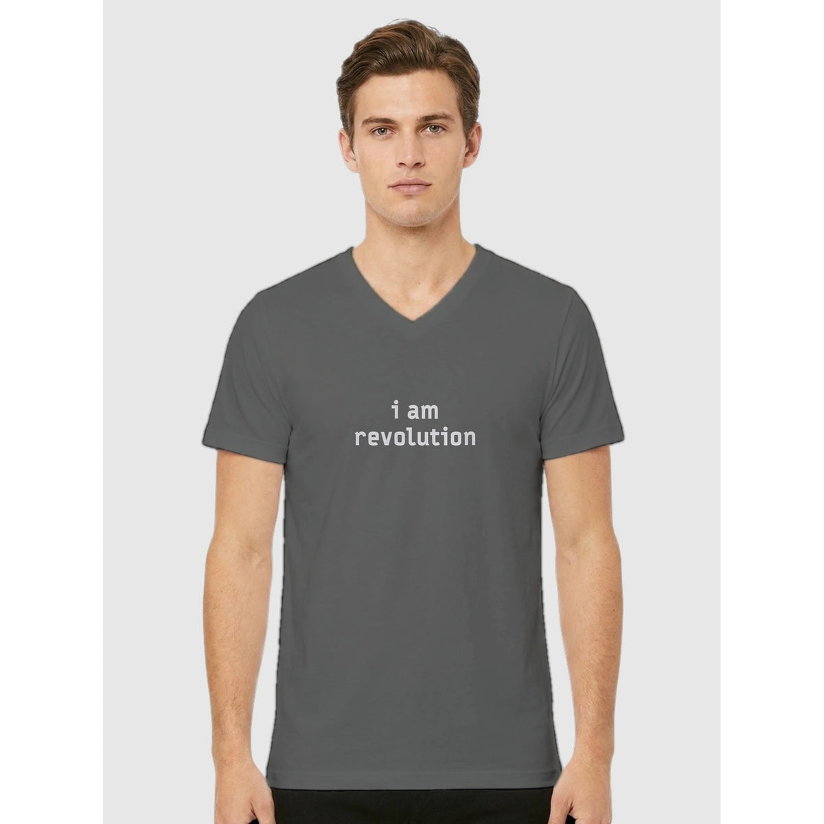 I Am Revolution — unisex grey melange V-neck short sleeve tee by m.v.k | Le Van Kamp Studio