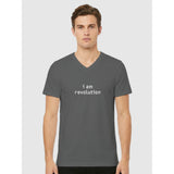 I Am Revolution — unisex grey melange V-neck short sleeve tee by m.v.k | Le Van Kamp Studio