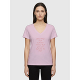 Woman wearing grey melange V-neck affirmation T-shirt with text You May Not Survive Whole But You Do Survive In Part, Le Van Kamp Studio
