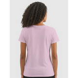 Back view of women's candy pink short sleeve V-neck affirmation T-shirt, Behave Beautifully series by Le Van Kamp Studio