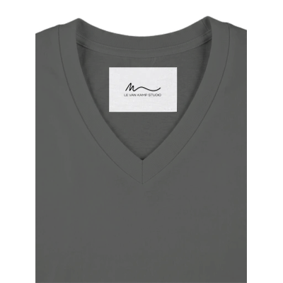 Detail view of women's grey melange short sleeve V-neck affirmation T-shirt, Behave Beautifully series by Le Van Kamp Studio