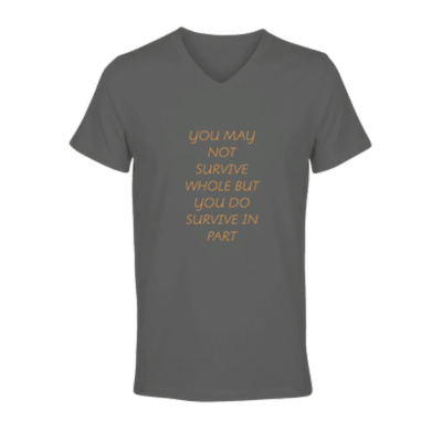 Front  view of women's grey melange short sleeve V-neck affirmation T-shirt, Behave Beautifully series by Le Van Kamp Studio