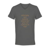 Front  view of women's grey melange short sleeve V-neck affirmation T-shirt, Behave Beautifully series by Le Van Kamp Studio