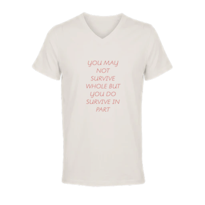 Front  view of women's off white short sleeve V-neck affirmation T-shirt, Behave Beautifully series by Le Van Kamp Studio