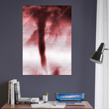 Pink tornado print on brushed aluminum hanging above a wooden desk with books and a lamp in a modern interior — The Pink Tornado — Here I Come by m.v.k — Le Van Kamp Studio