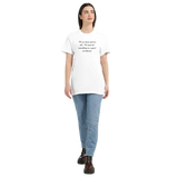 Front model view: Front view of a woman wearing the white self-respect quote T-shirt with blue jeans and dark boots.