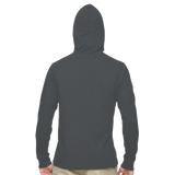 A person shown from the back wearing a dark charcoal gray long-sleeve hooded shirt, with light beige pants partially visible at the bottom, against a plain white background.