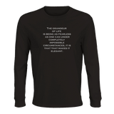 Black affirmation long sleeve t-shirt with quote The Grandeur of Life Is Being as Fearless as One Can, unisex organic cotton, Le Van Kamp Studio